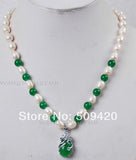 Akoya Pearl/Green Stone Pendant Necklace (15X25mm)