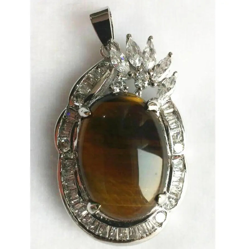 Tiger Eye Jade Pendant with Crystal Inlay & Chain