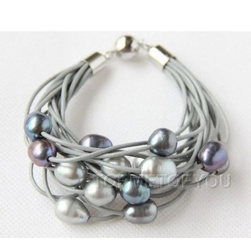 Gray Pearl Leather Bracelet with Magnet Clasp