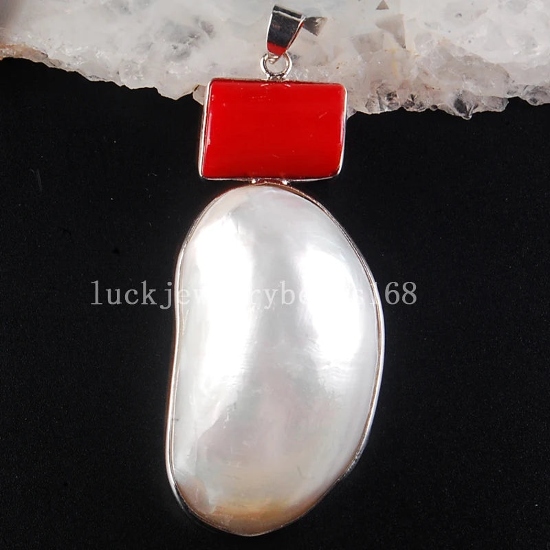 Mother of Pearl Shell Red Coral Pendant Bead C3772