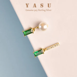 Yasu Sterling Silver 925 Turquoise French Asymmetrical Emerald Pearl Earrings