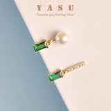 Yasu Sterling Silver 925 Turquoise French Asymmetrical Emerald Pearl Earrings