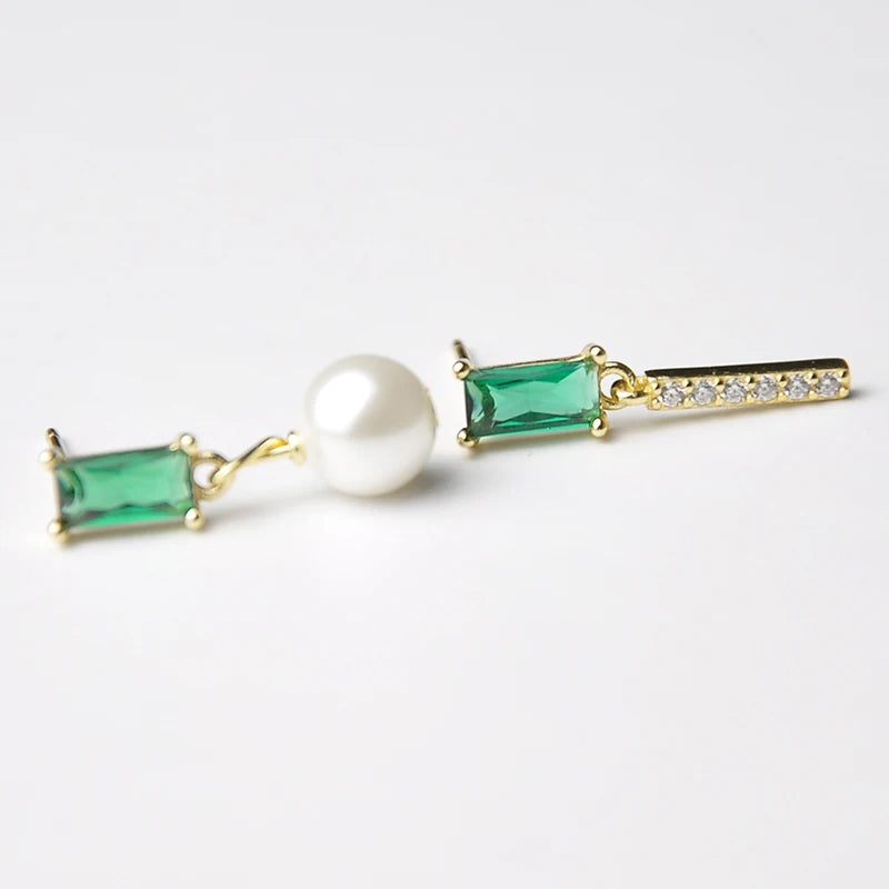 Yasu Sterling Silver 925 Turquoise French Asymmetrical Emerald Pearl Earrings
