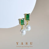 Yasu Sterling Silver 925 Turquoise French Asymmetrical Emerald Pearl Earrings