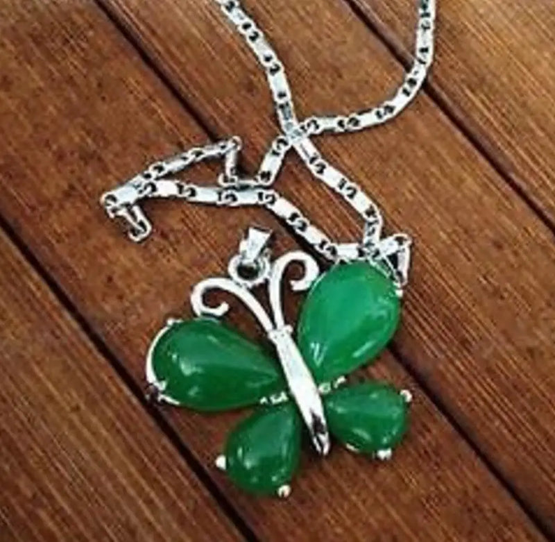 Green Jade Butterfly Pendant with Chain Necklace