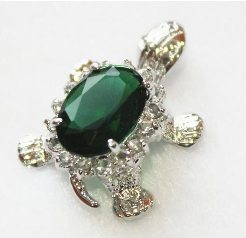 Cute Turtle Pendant Necklace with Green Zircon, 10x14mm