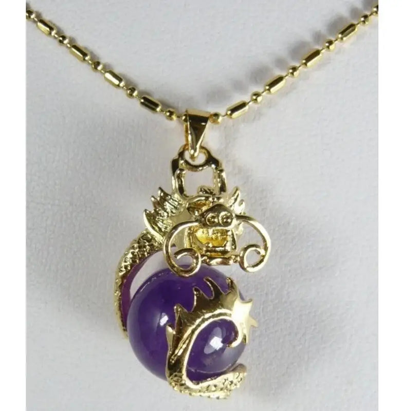 Chinese Dragon Inlay 12mm Dark Purple Jade Pendant