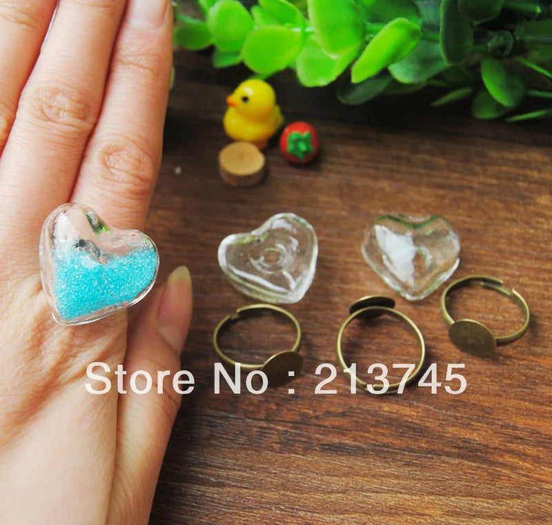 20 Sets 20mm Heart Glass Bubble & Ring Set Vial Pendant