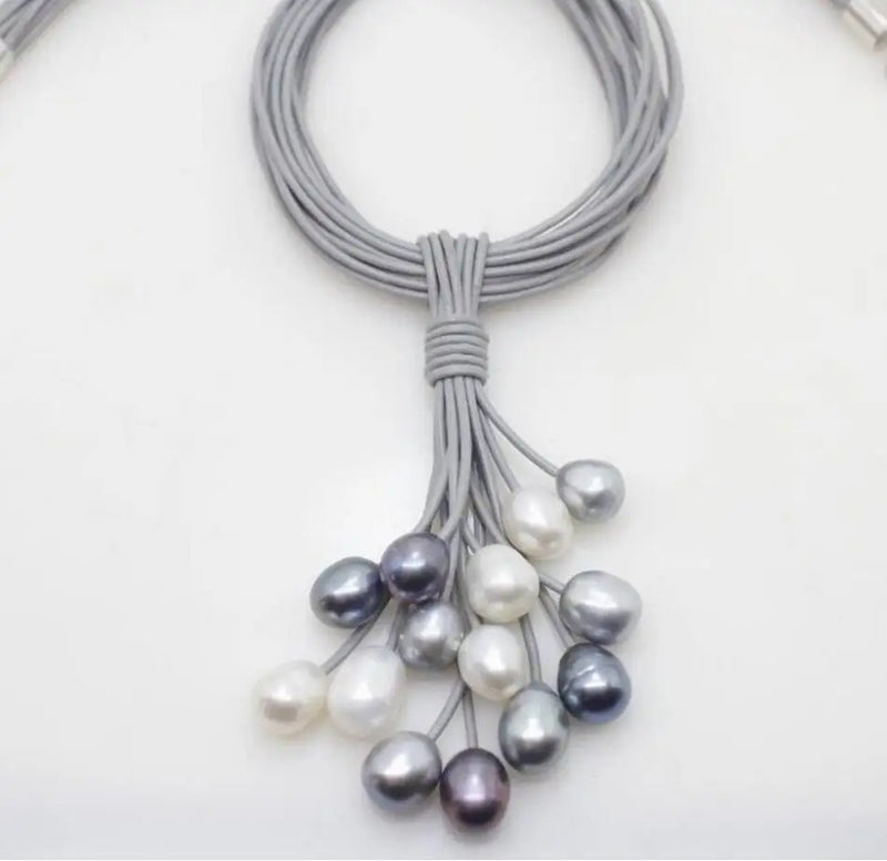 12mm Gray Freshwater Pearl Necklace with Leather Cord
