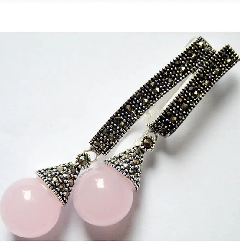 12mm Pink Jade Sterling Silver Marcasite Pendant