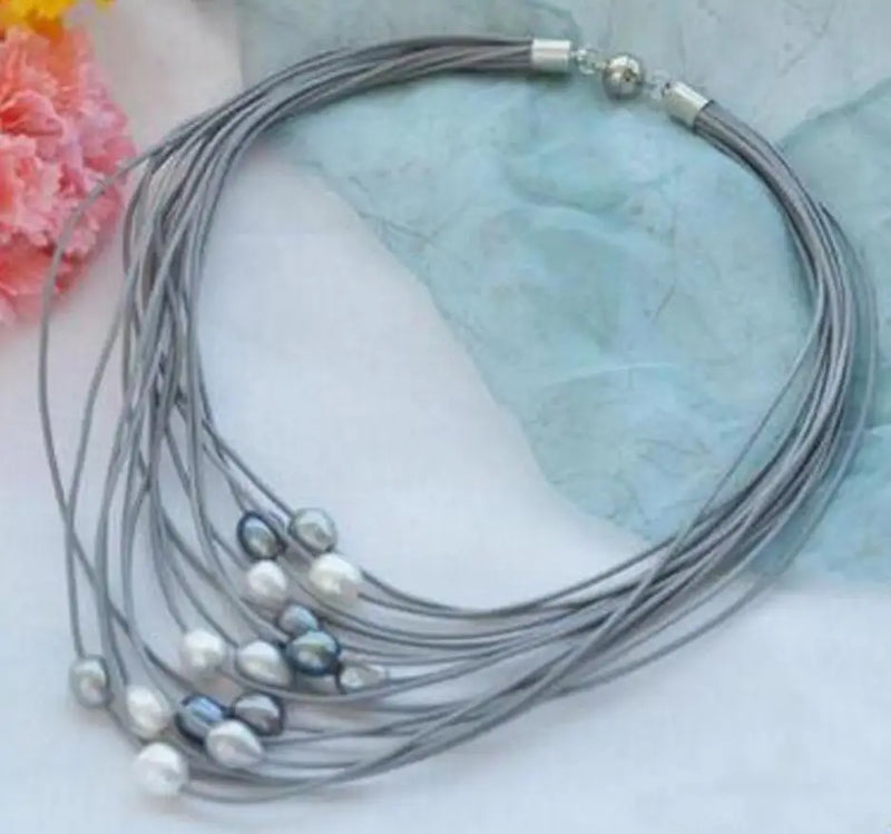 Gray Freshwater Pearl Necklace Leather Cord Magnet Clasp