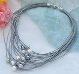 Gray Freshwater Pearl Necklace Leather Cord Magnet Clasp