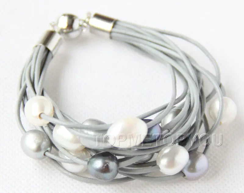 Gray Pearls Gray Leather Bracelet with Magnet Closure