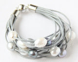 Gray Pearls Gray Leather Bracelet with Magnet Closure