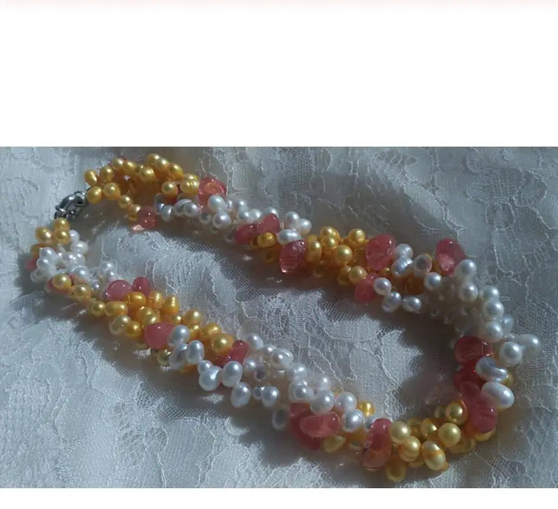 3 Strand Freshwater Pearl Watermelon Stone Twist Bib Necklace