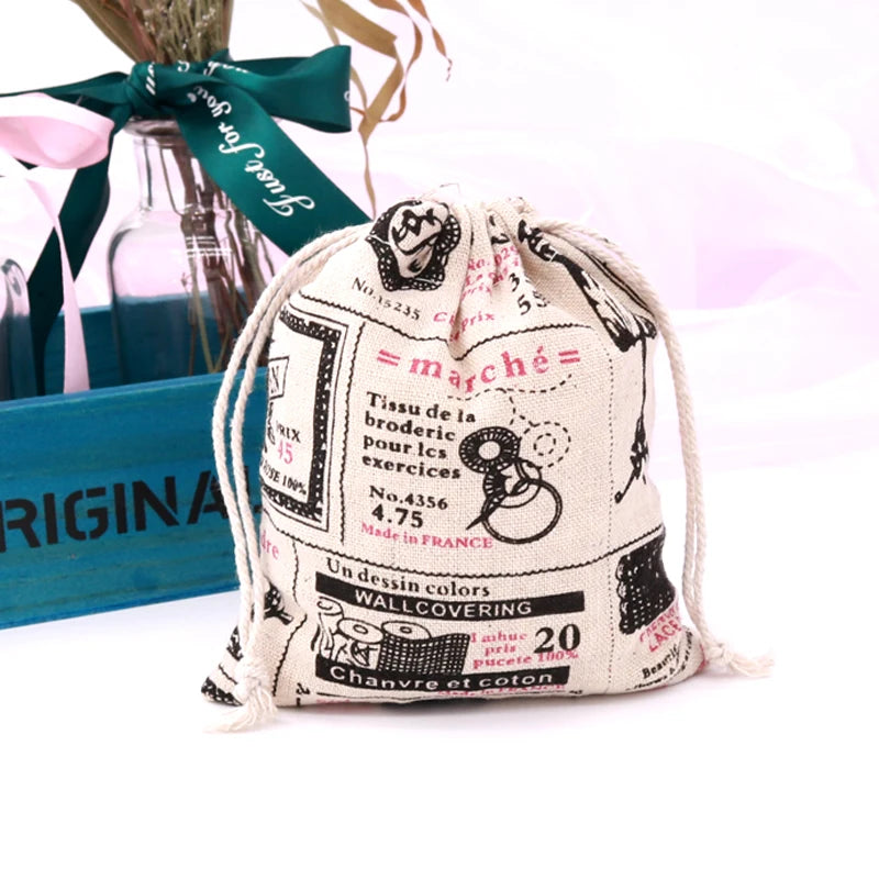 5 pcs Retro Cotton Line Drawstring Pouches Candy Favor Holder Jewelry Party Bag