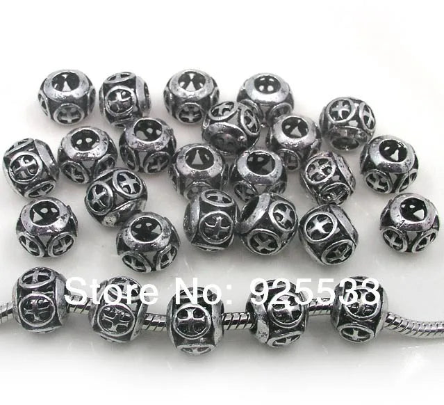 50pcs Antique Silver Plated Cross Metal Beads for European Bracelet DIY