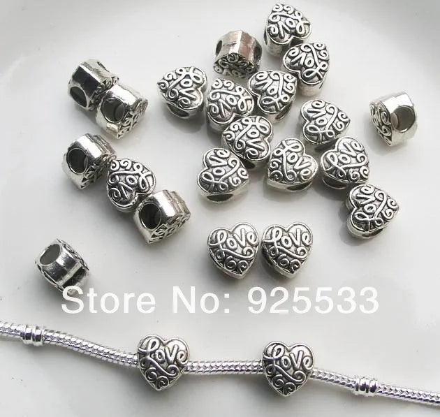 50pcs Antique Silver Plated Heart Shape Love Beads for European Bracelet DIY