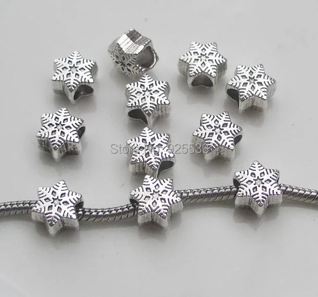 50pcs Antique Silver Snowflake Charms for European Bracelet Necklace DIY