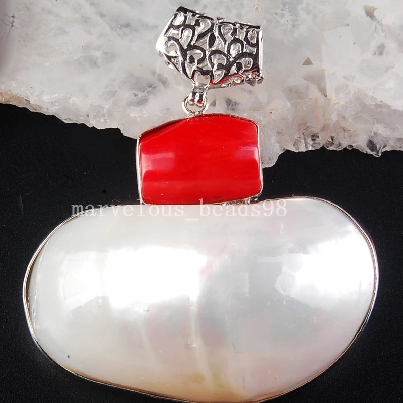 Red Coral Mother of Pearl Shell Oval Pendant Bead