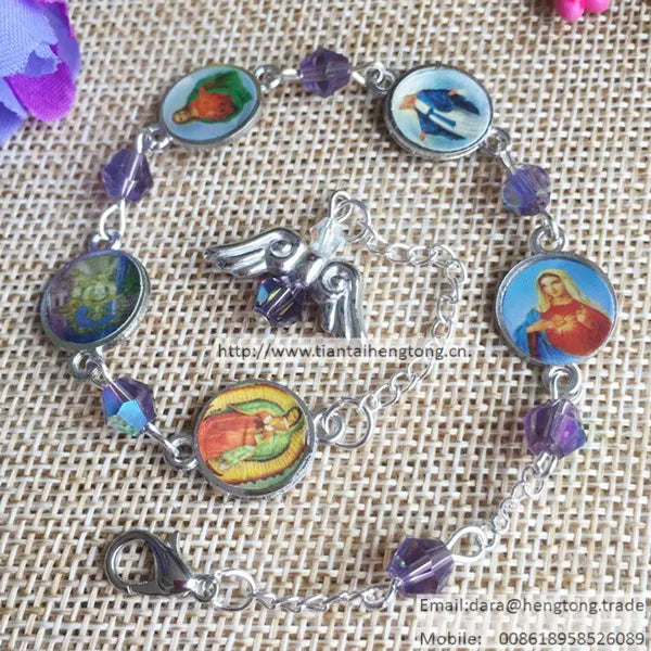 6pcs Colorful Saint Rosary Bracelet, 6mm Bead Crystal Bracelet