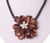 Baroque Pearl Coffee Shell Flower Leather Necklace