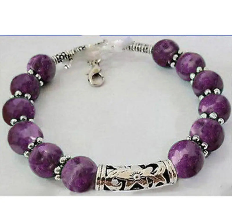 Tibet Silver Purple Jade Bracelet 7.5-8 Inches