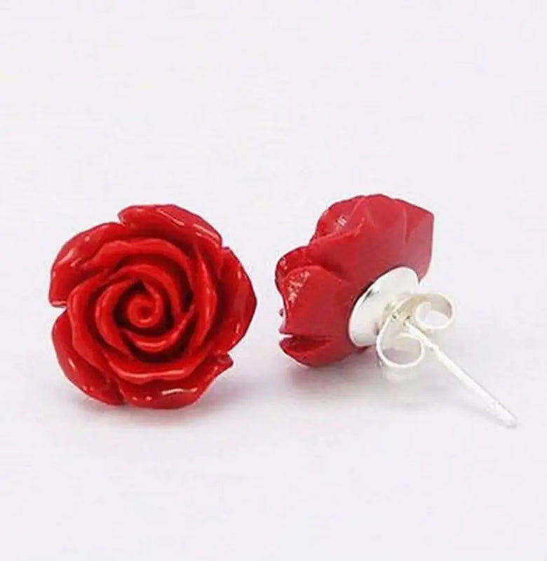 10mm Coral Red Rose Flower 925 Sterling Silver Earrings