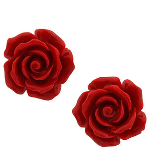 10mm Coral Red Rose Flower 925 Sterling Silver Earrings