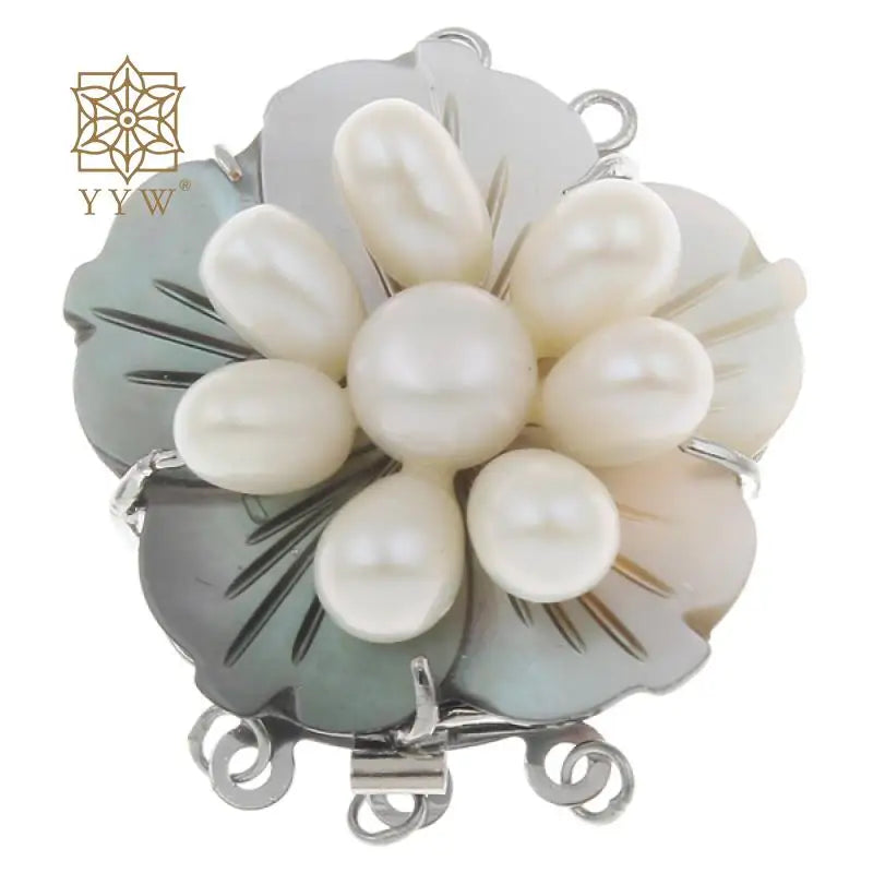 Freshwater Pearl Box Clasp Shell Flower Platinum 3-Strand