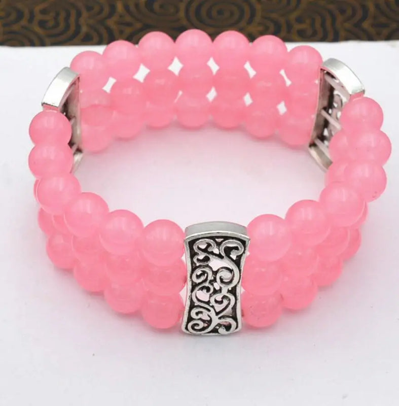 3 Row Women's 8mm Pink Jade Beads Stretch Bracelet