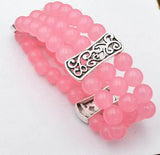 3 Row Women's 8mm Pink Jade Beads Stretch Bracelet