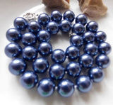 12mm Sapphire Sea Shell Pearl Round Beads Necklace 18''