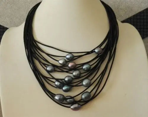 15-strand Leather & Dark Gray Pearl Necklace