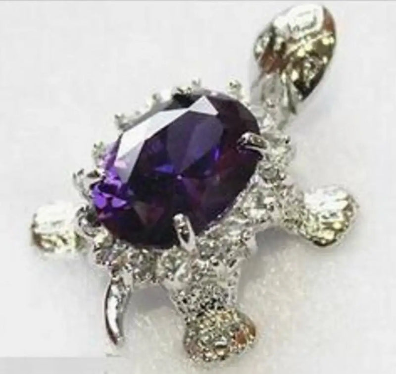 Purple Amethyst Silver Turtle Pendant Necklace