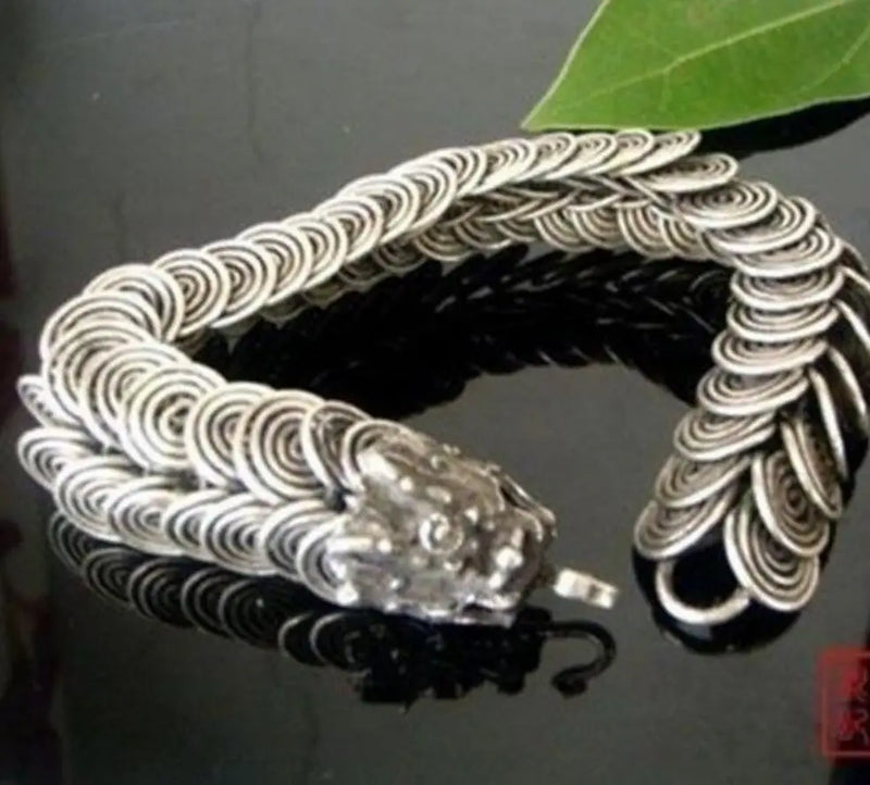 Rare Chinese Tibetan Silver Dragon Bracelet