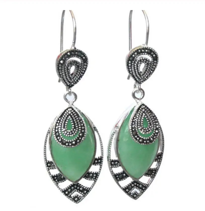 925 Silver Natural Green Jade Marcasite Earrings