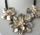 Natural Baroque Freshwater Pearl Shell Flower Leather Necklace