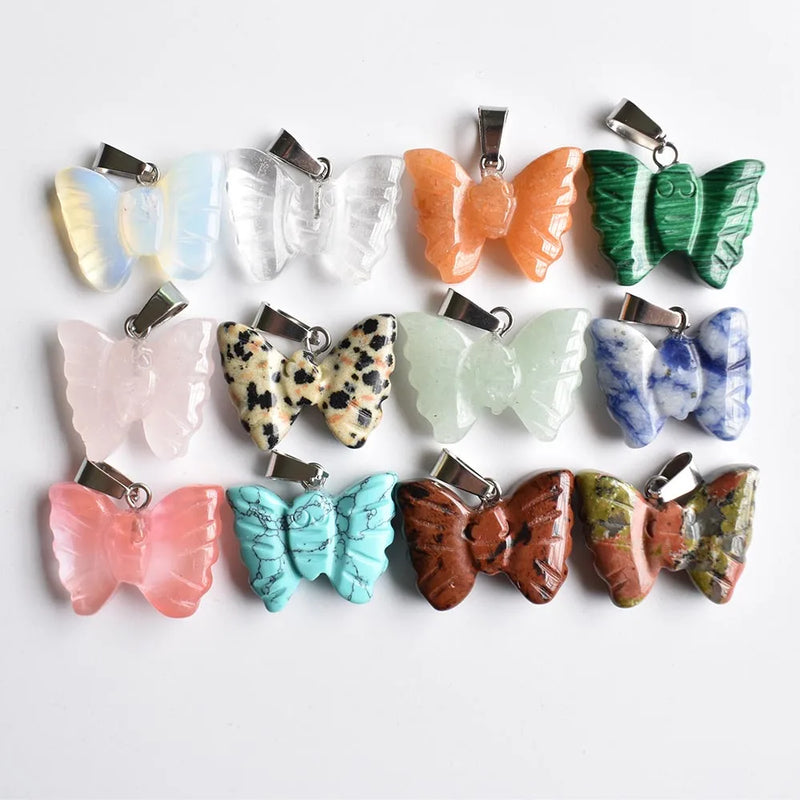 12pcs Natural Stone Mixed Butterfly Charms Pendants for Necklace Making