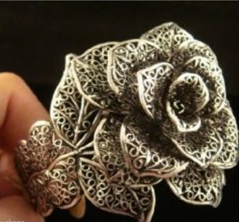 Tibet Silver Rose Flower Cuff Bracelet