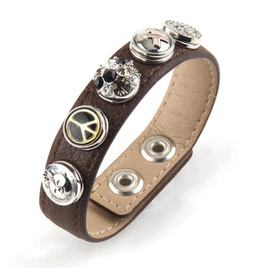 Brown Leather Bracelet 5 Metal Button Charms DIY Jewelry