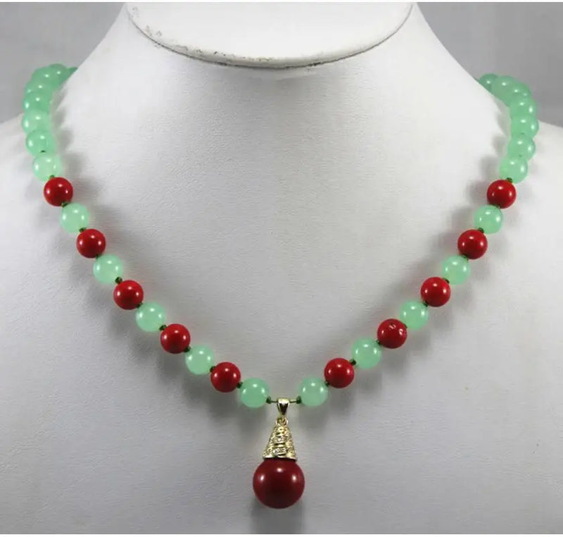 8mm Green Jade & Red Shell Pearl Necklace with 14mm Shell Pearl Pendant