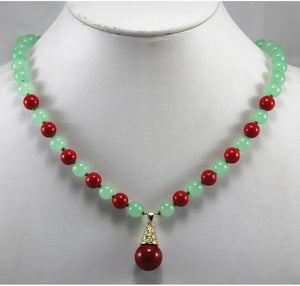 8mm Green Jade & Red Shell Pearl Necklace with 14mm Pearl Pendant
