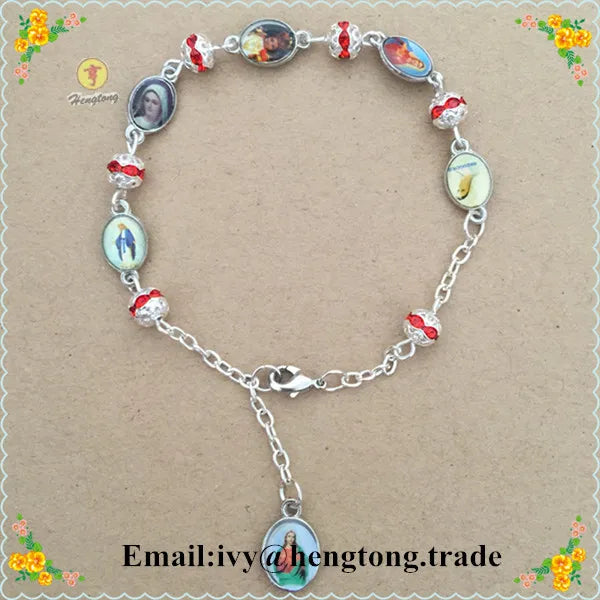 Religious Rhinestone Rosary Bracelet Silver Chain with Epoxy Saint