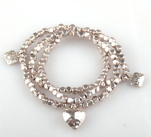 Square Beads 3 Row Bracelet with Heart Charm Alloy Beads Lady Stretch Bracelet
