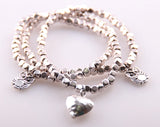 Square Beads 3 Row Bracelet with Heart Charm Alloy Beads Lady Stretch Bracelet