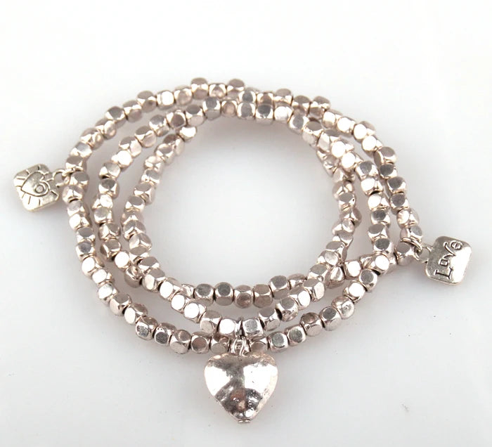 Square Beads 3 Row Bracelet with Heart Charm Alloy Beads Lady Stretch Bracelet