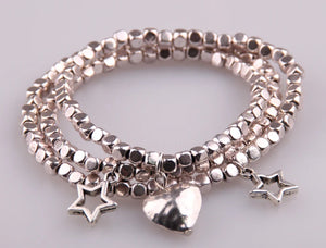 Square Beads 3 Row Bracelet with Heart Charm Alloy Beads Lady Stretch Bracelet