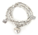 Square Beads 3 Row Bracelet with Heart Charm Alloy Beads Lady Stretch Bracelet