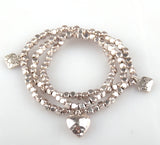 Square Beads 3 Row Bracelet with Heart Charm Alloy Beads Lady Stretch Bracelet